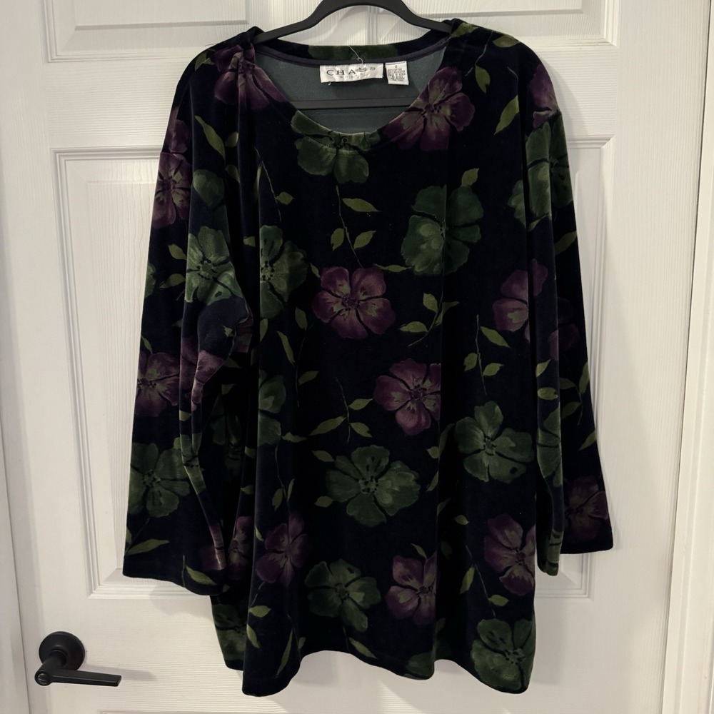 Chaus‎ Woman Plus Sz 2 Velvet Black Floral Whimsigoth Boho Top Blouse